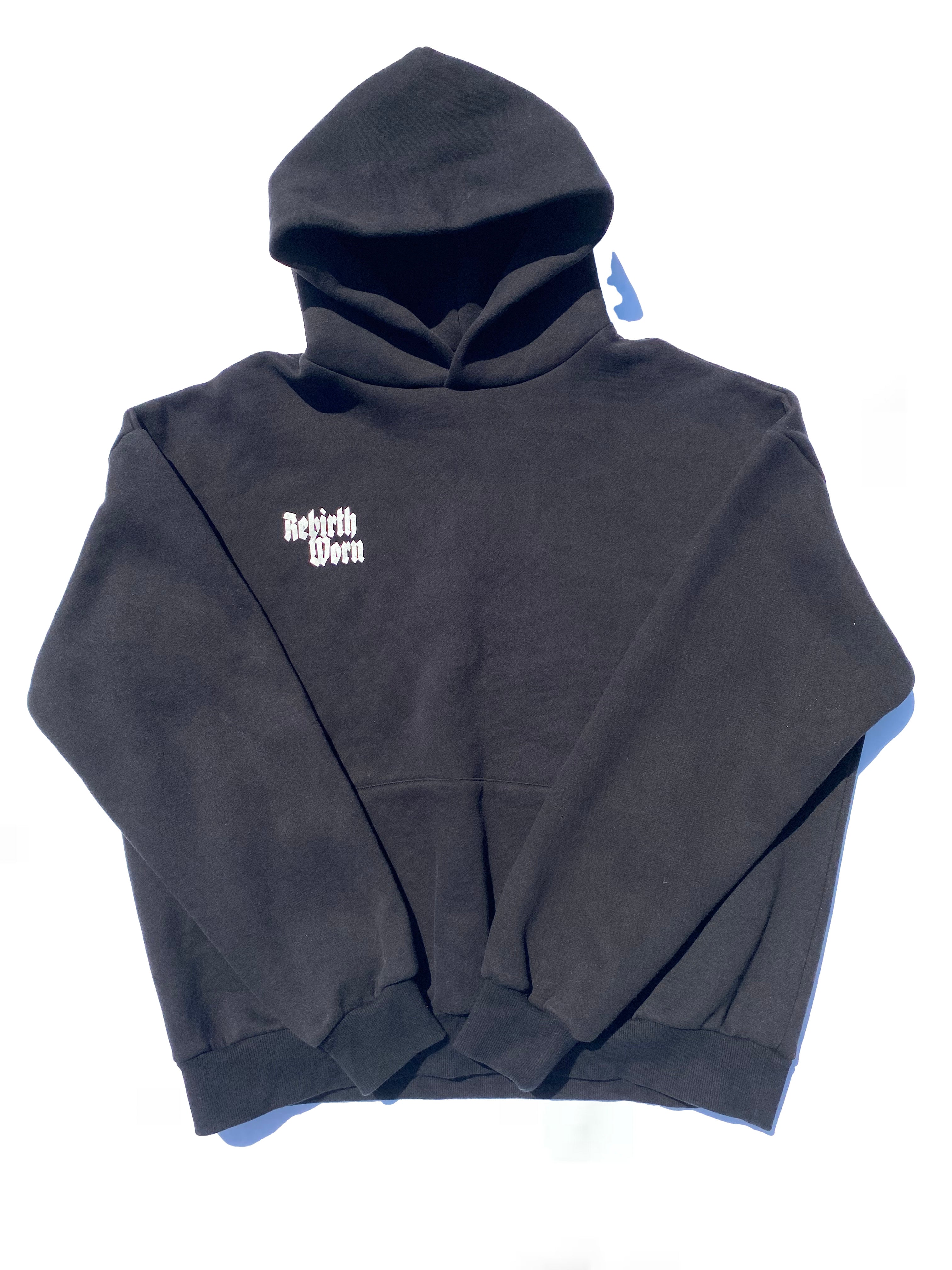 Rebirth Angel Oversize Hoodie - Back lower view showing angel wings and 555 design details